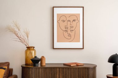 Interior design of living room interior with mock up poster frame, wooden commode, glass vase with dried flowers, brown sofa, book, candle and stylish personal accessories. Home decor. Template. 
