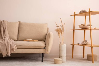 Interior design of cozy living room with classic beige sofa, vase with dried flowers, wooden console, bright carpert, round box and stylish personal accessories. Beige wall. Home decor. Template.