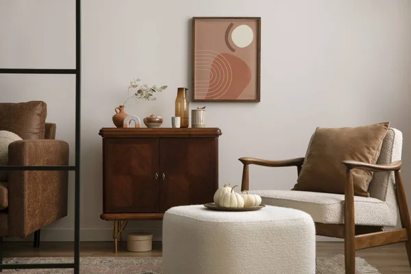 Creative Composition Living Room Interior Mock Poster Frame Wooden Sideboard — Stok fotoğraf