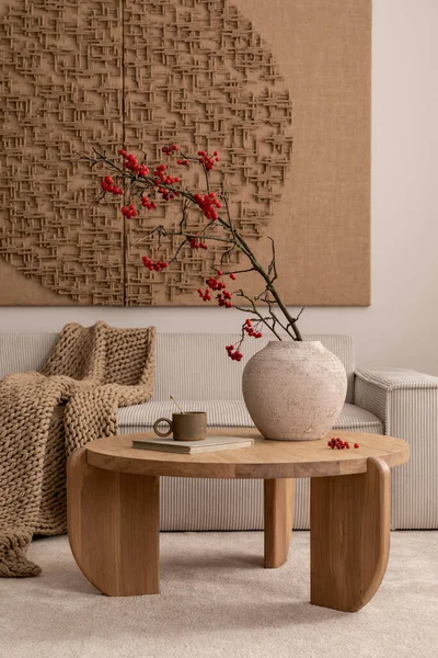 Aesthetic Composition Living Room Interior Mock Poster Modular Beige Sofa — Stok fotoğraf