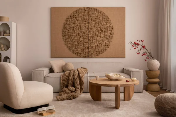 Creative Composition Living Room Interior Mock Poster Frame Beige Sofa — Stok fotoğraf
