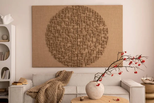 Interior Design Japandi Living Room Mock Poster Frame Modular Beige — Stok fotoğraf