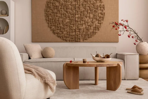 Warm Cozy Living Room Interior Mock Poster Frame Modular Beige — Stok fotoğraf