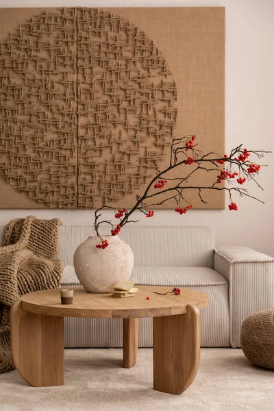Warm Composition Living Room Interior Mock Postrer Frame Vase Rowan — Stok fotoğraf