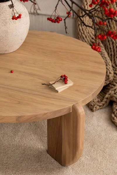 Minimalist Composition Japandi Living Room Interior Wooden Coffee Table Stylish — Stok fotoğraf