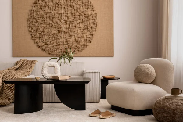 Warm Cozy Living Room Interior Mock Poster Frame Modern Coffee — Stok fotoğraf