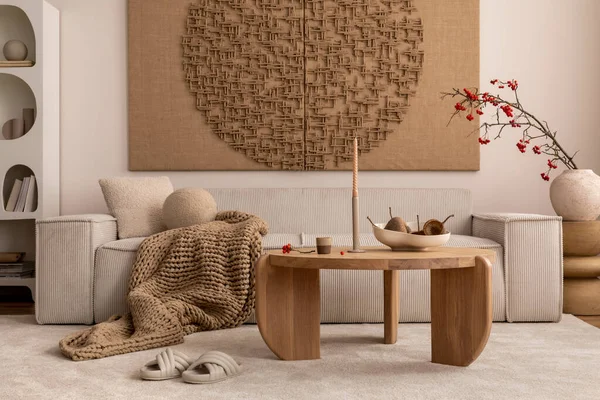 Interior Design Japandi Living Room Mock Poster Frame Modular Beige — Stok fotoğraf