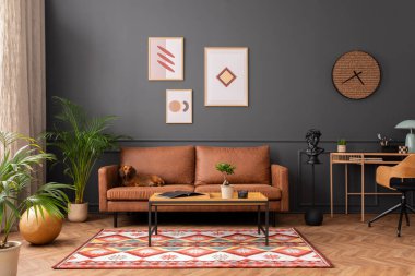 Modern living room interior with mock up poster frame, brown sofa, wooden coffee table, patterned rug,  round clock, plants, beige ccurtain, desk and personal accessories. Home decor. Template.