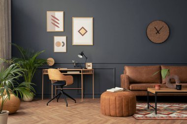 Creative composition of living room interior with mock up poster frame,  brown sofa, wooden desk, stylish armchair, pouf , coffee table, rug and personal accessories. Home decor. Template. 