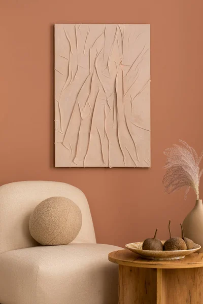 Aesthetic Interior Living Room Mock Poster Frame Wooden Sideboard Beige — Foto de Stock