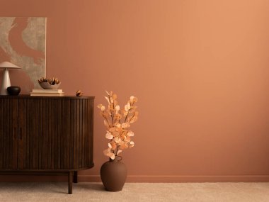 Modern composition of living rorrm interior with mock up poster frame, copy space, wooden sideboard, brown vase with flowers, books, sculpture, bowl and personal accessories. Home decor. Template. 