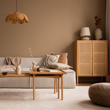 Modüler kanepe, ahşap sehpa, rattan büfe, bej halı, yastıklar ve kişisel aksesuarlarla oturma odasının yaratıcı kompozisyonu. Ev dekoru. Şablon. 