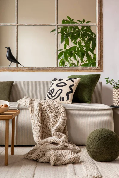 Warm Cozy Living Room Interior Beige Modular Sofa Big Window — Stock Photo, Image