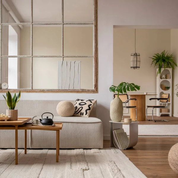 Creative Composition Living Room Interior Modular Sofa Beige Rug Plants — 图库照片