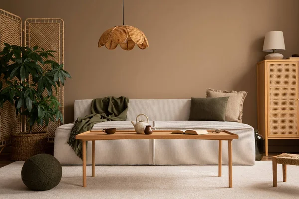 Komposisi Interior Ruang Tamu Yang Hangat Dan Nyaman Dengan Sofa — Stok Foto