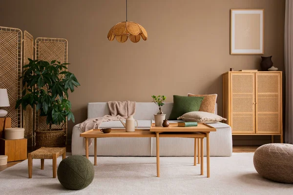 Desain Interior Ruang Tamu Dengan Sofa Modular Meja Kopi Kayu — Stok Foto