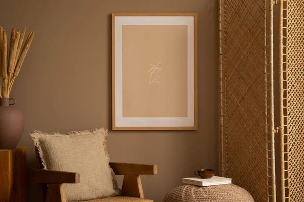 Composición Estética Del Interior Sala Estar Con Marco Póster Simulada — Foto de Stock