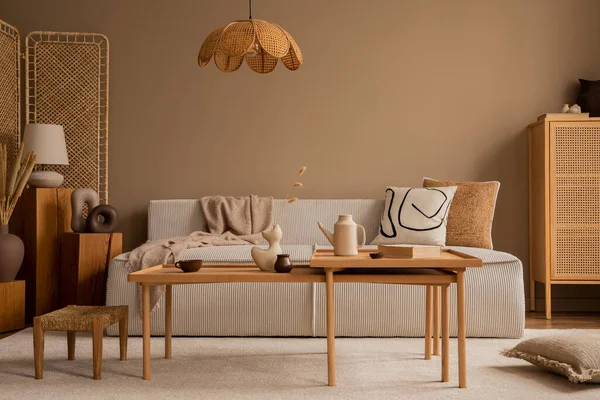 Composição Criativa Interior Sala Estar Com Sofá Modular Mesa Café — Fotografia de Stock