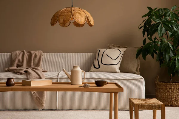 Sıcak Rahat Oturma Odası Bej Modüler Kanepe Desenli Yastık Kahverengi — Stok fotoğraf
