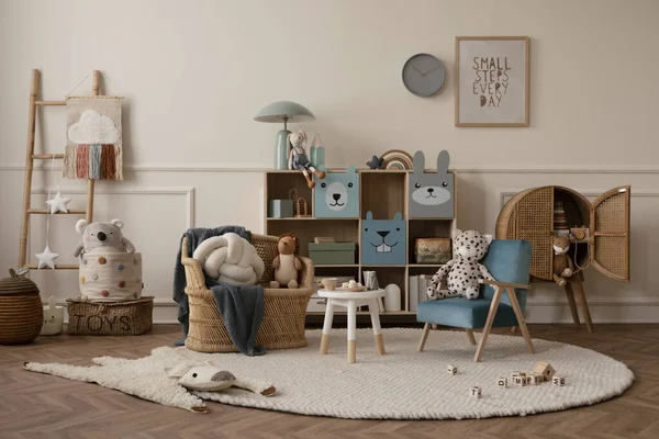 stock image Warm and cozy kids room interior with mock up poster frame, beige wall with stucco, colorful sideboard, braided armchair, plush toys, brown pillow and personal accessories. Home decor. Template. 