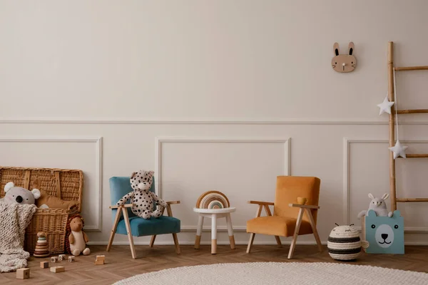 Warm Cozy Kids Room Interior Orange Beige Armchair White Stool — Stock Photo, Image