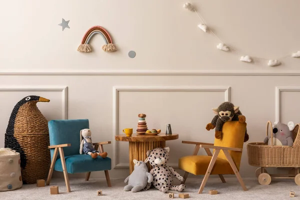 Warm Cozy Kids Room Interior Wooden Table Velvet Blue Orange — Stock Photo, Image
