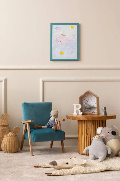 Desain Interior Ruang Anak Anak Dengan Kerangka Poster Tiruan Meja — Stok Foto