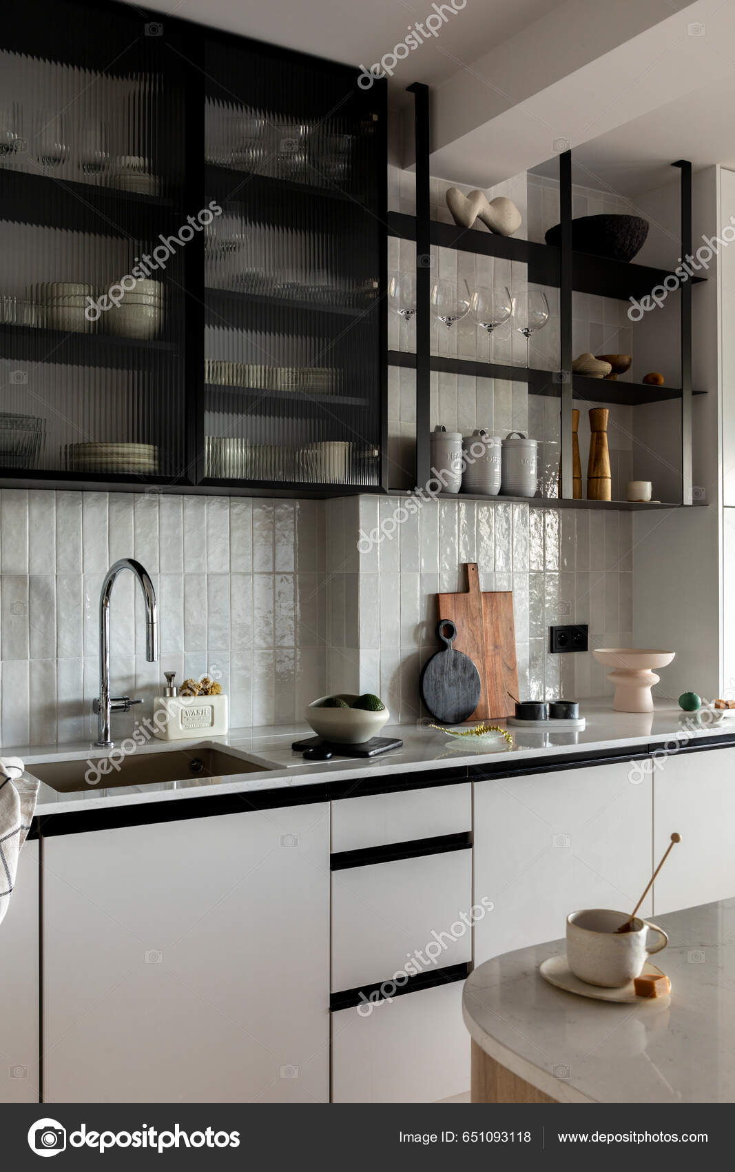 Creative Interior Design Kitchen Space Gray Cabinets Simple Silver Faucet  Stock Photo by ©Followtheflow 651093118
