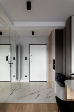 Beyaz kapılı, mermer kapılı, aynalı, lamela kapılı, gri radyatörlü ve şahsi aksesuarlı minimalist kompozisyon. Ev dekoru. Şablon. 