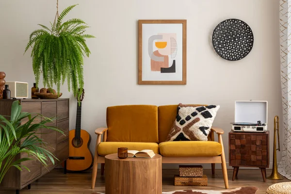 Vintage Cozy Space Dining Room Mock Poster Frame Yellow Sofa — Stock Photo, Image