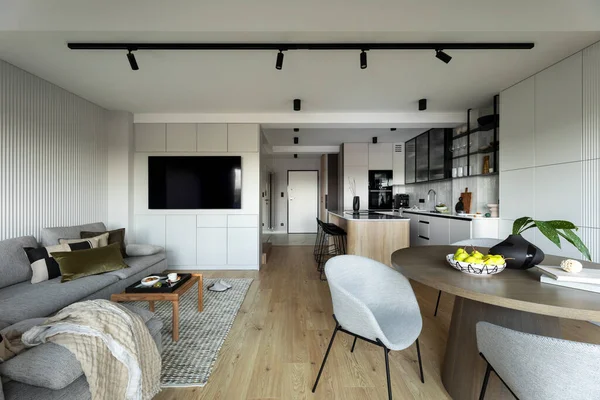 Design Interiores Apartamento Cinza Harmonizado Mesa Redonda Com Cadeira Cinza — Fotografia de Stock