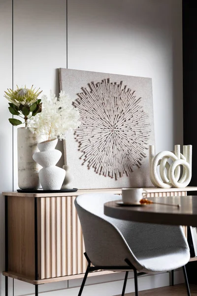 Interior Design Aesthetic Elegant Room Stylish Commode Table Grey Chair — Stock Photo, Image