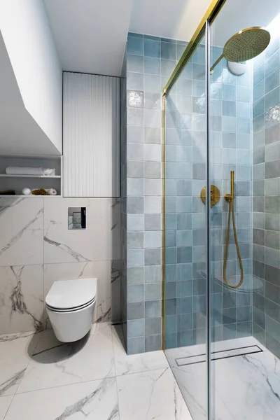 Minimalist Composition Bathroom Interior Design Marble Floor Shower Towels Elegant — Stock Photo, Image
