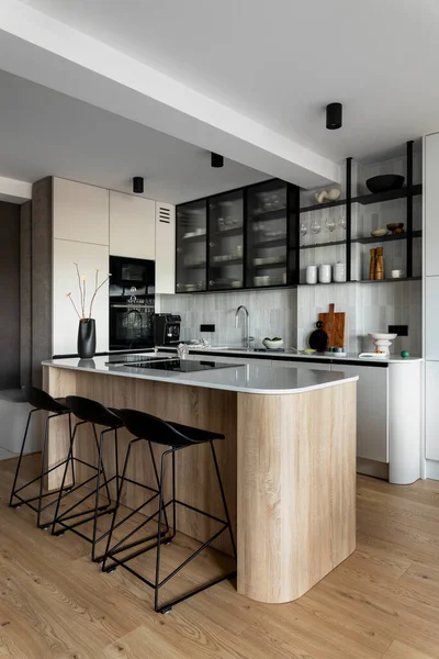 Modern Composition Kitchen Space Design Kitchen Island Black Hookers Grey — Stock Photo, Image