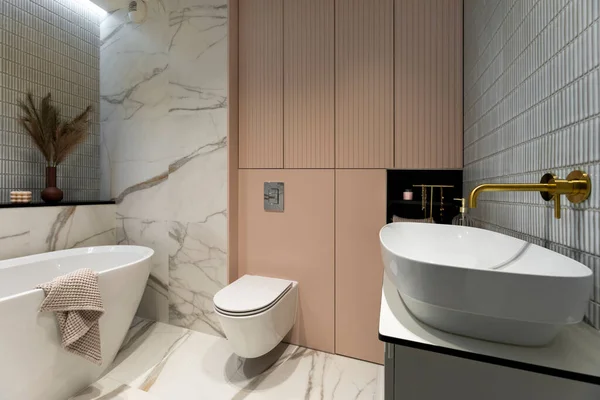 Interior Design Elegant Bathroom Gold Tape Blue Pink Tiles Classicc — Stock Photo, Image