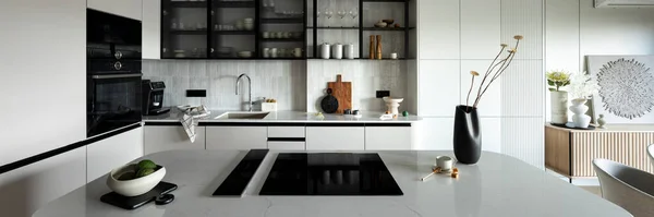 Modern Composition Kitchen Space Design Kitchen Island Grey Table Black — Stock Photo, Image
