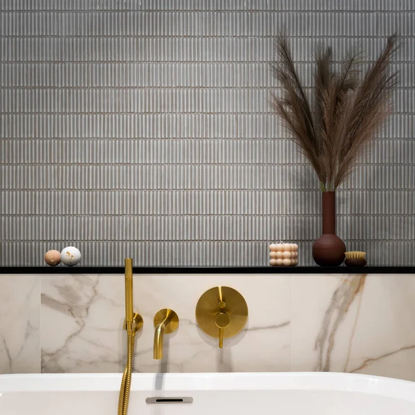 Interior Design Elegant Bathroom Space Gold Bathroom Faucets Bath Blue — Stock Photo, Image
