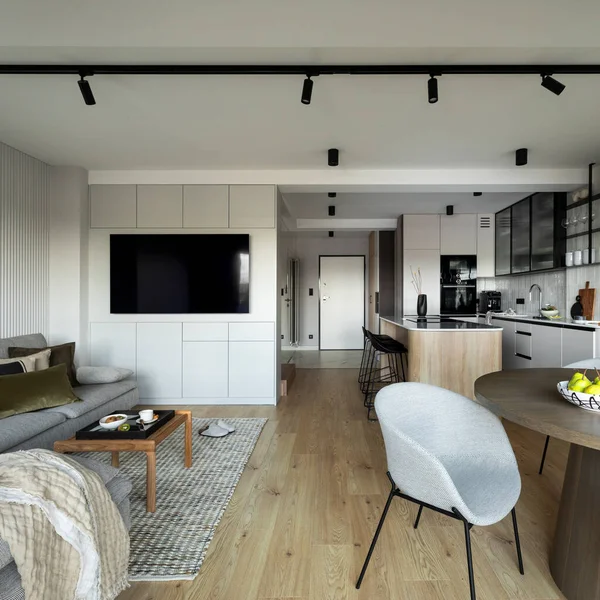Design Interiores Apartamento Cinza Harmonizado Mesa Redonda Com Cadeira Cinza — Fotografia de Stock