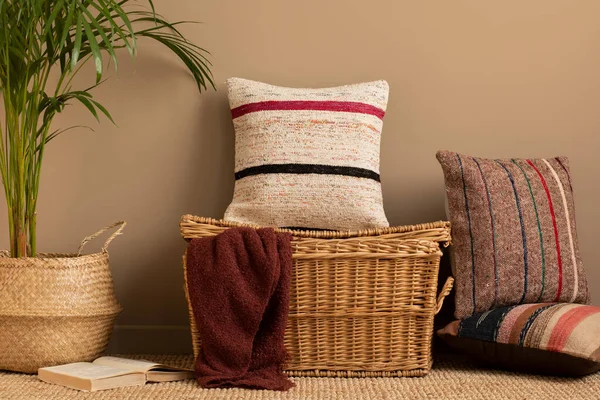 Composição Minimalista Sala Estar Com Travesseiros Coloridos Cesta Vime Elegante — Fotografia de Stock