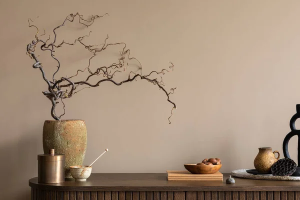Kreatywna Kompozycja Wnętrza Salonu Drewnianą Szafką Stylowy Wazon Gałązką Stylowa — Zdjęcie stockowe