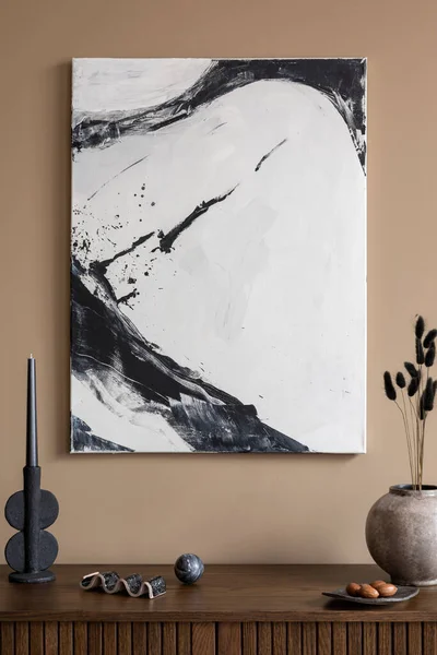 Warm Cozy Living Room Interior Mock Poster Frame Vase Dried — Stock Photo, Image