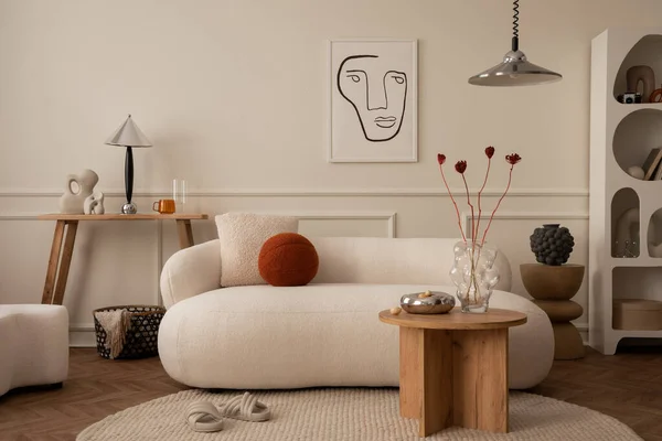 Kreatywna Kompozycja Wnętrza Pokoju Dziennego Makietą Ramą Plakatu Białą Sofą — Zdjęcie stockowe