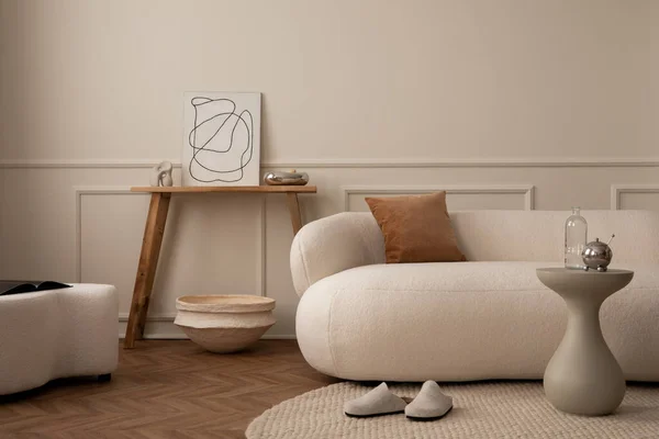 Ciepłe Przytulne Wnętrze Pokoju Dziennego Ramą Plakatu Makiety Modułowa Sofa — Zdjęcie stockowe