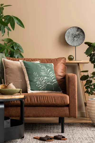 Oturma Odasının Tasarımı Kahverengi Kanepe Renkli Yastıklar Desenli Sepetler Yuvarlak — Stok fotoğraf
