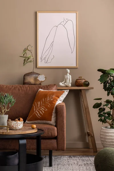 Teplá Útulná Kompozice Interiéru Obývacího Pokoje Modelovým Rámečkem Plakátu Dřevěnou — Stock fotografie