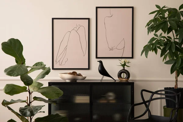Oturma Odasının Estetik Kompozisyonu Poster Çerçevesi Şık Büfe Bej Kase — Stok fotoğraf