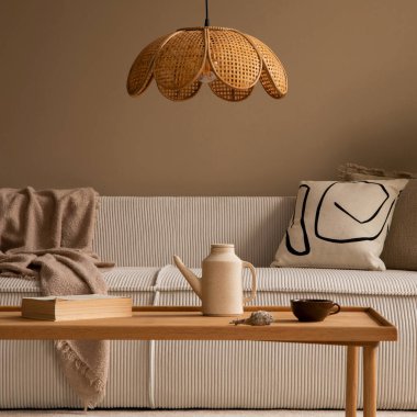 İçi sıcak ve rahat oturma odası bej modüler kanepe, desenli yastık, kahverengi ekose, ahşap sehpa, kitaplar, tabure, sürahi ve kişisel aksesuarlarla dolu. Ev dekoru. Şablon.