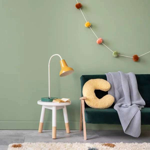 Creative Composition Stylish Cozy Child Room Interior Design Green Wall —  Fotos de Stock