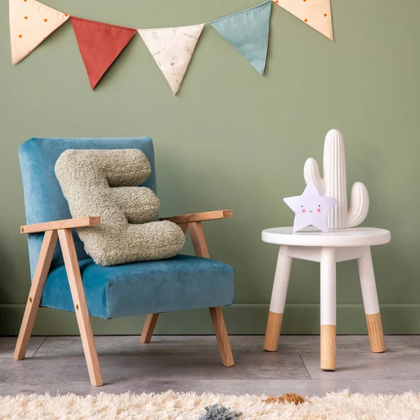 Creative Composition Stylish Cozy Child Room Interior Design Green Wall — Stok Foto