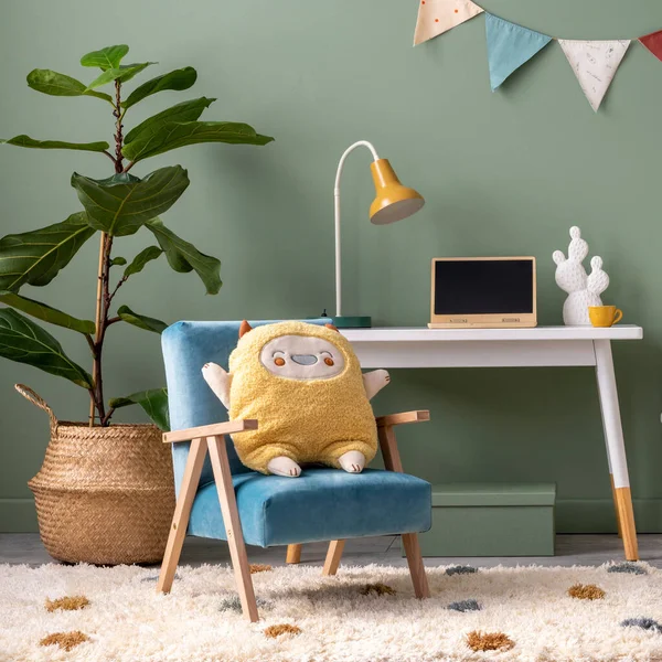 Creative Composition Stylish Cozy Child Room Interior Design Green Wall —  Fotos de Stock